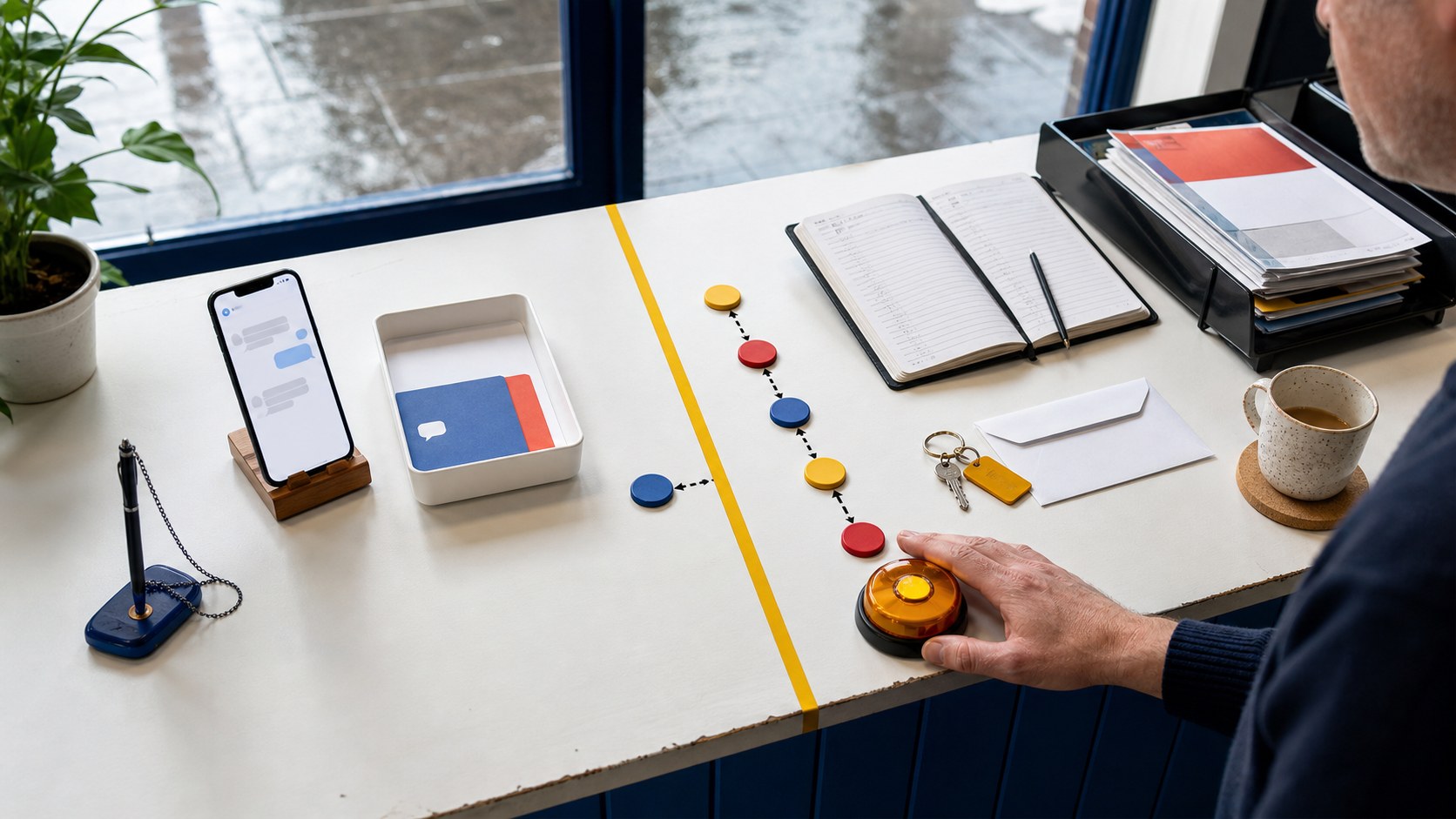 A split reception desk shows an AI agent chatbot choice: a phone reply ends on one side while coloured tokens guide supervised tasks through an appointment book, documents, keys and envelope on the other.