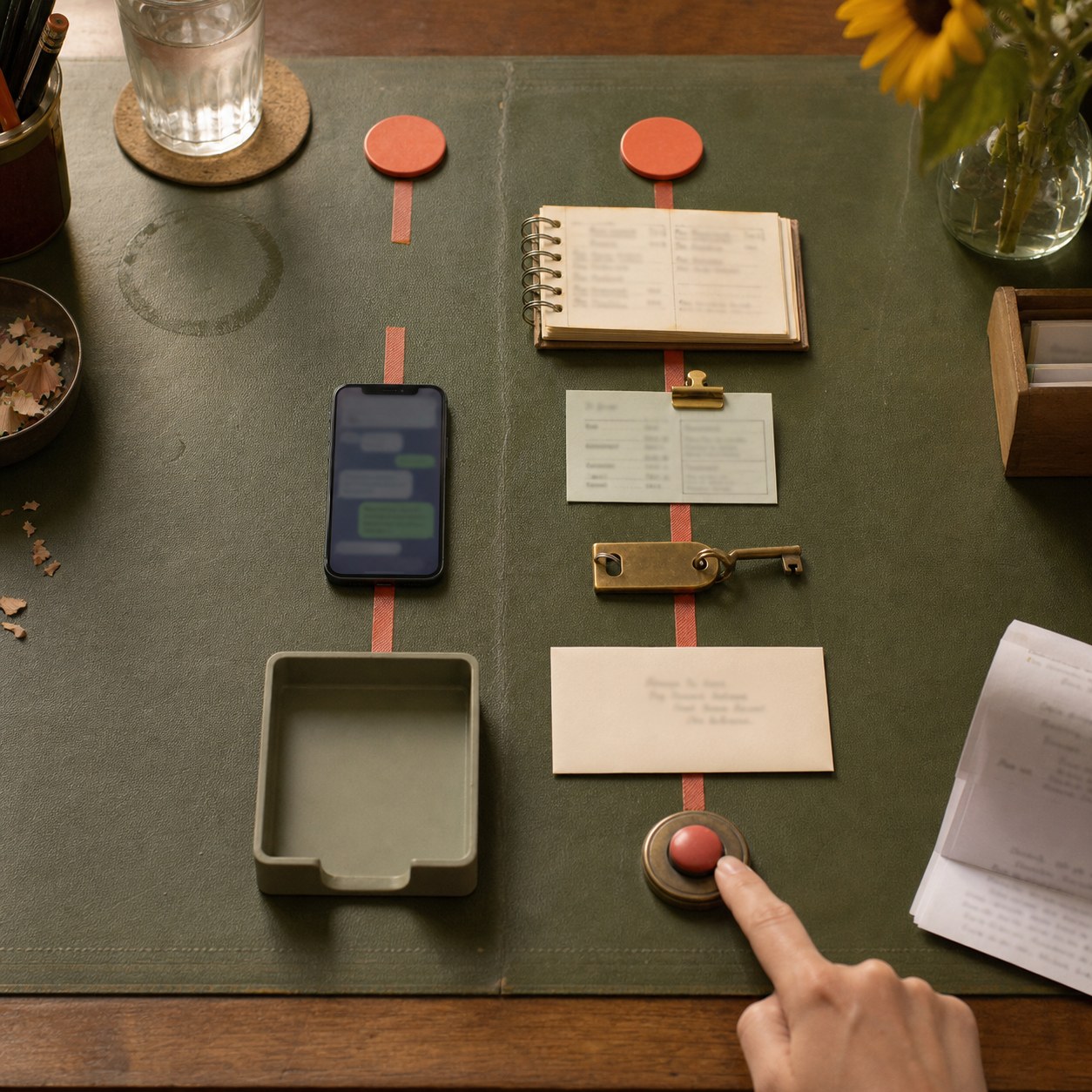 Overhead view of a reception desk where an enquiry splits into a phone-and-reply-tray route or a supervised route through an appointment book, paperwork, key tag and stop button.