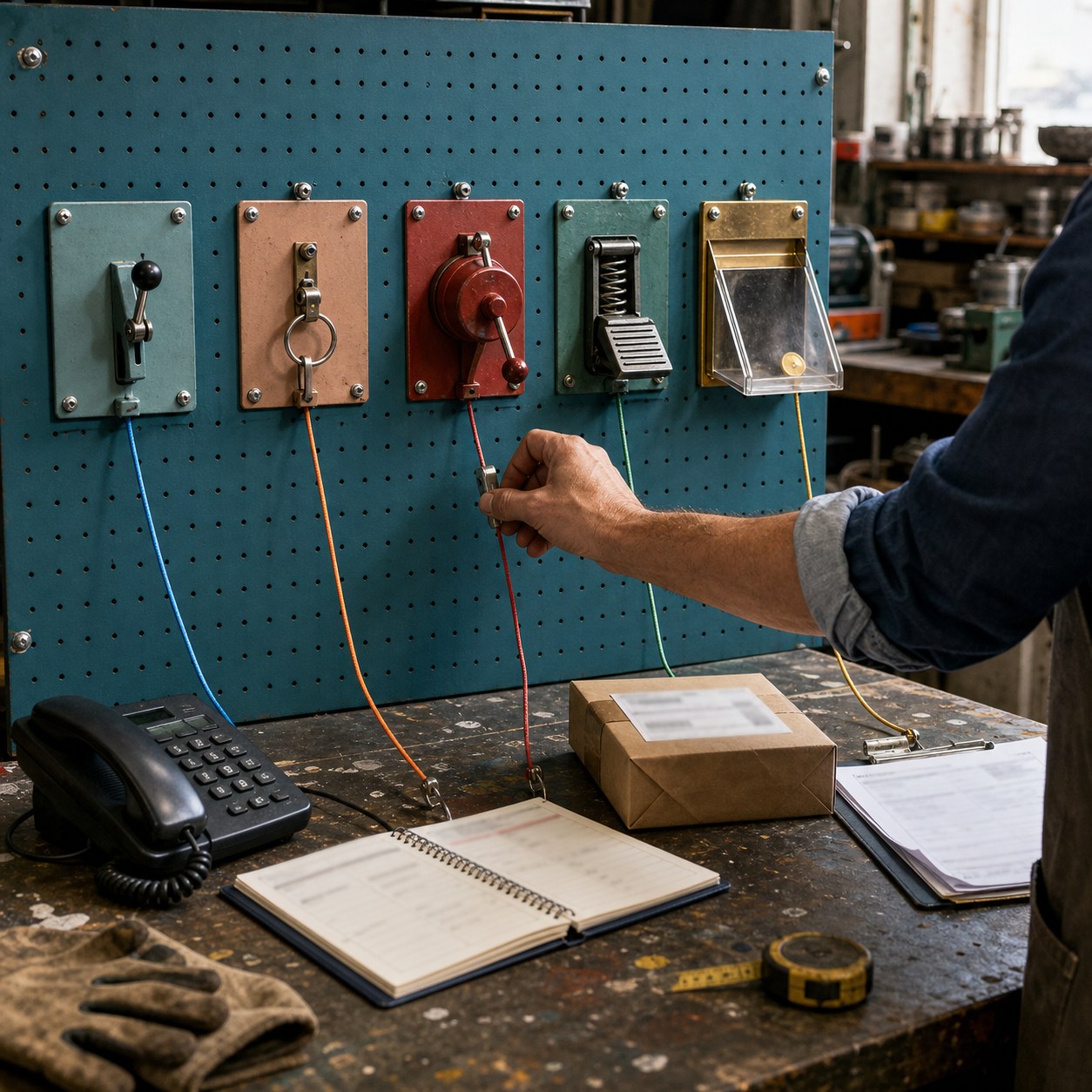 A workshop owner adjusts a red control on a blue pegboard fitted with five connected stations, beside a phone, diary, parcel and paperwork.