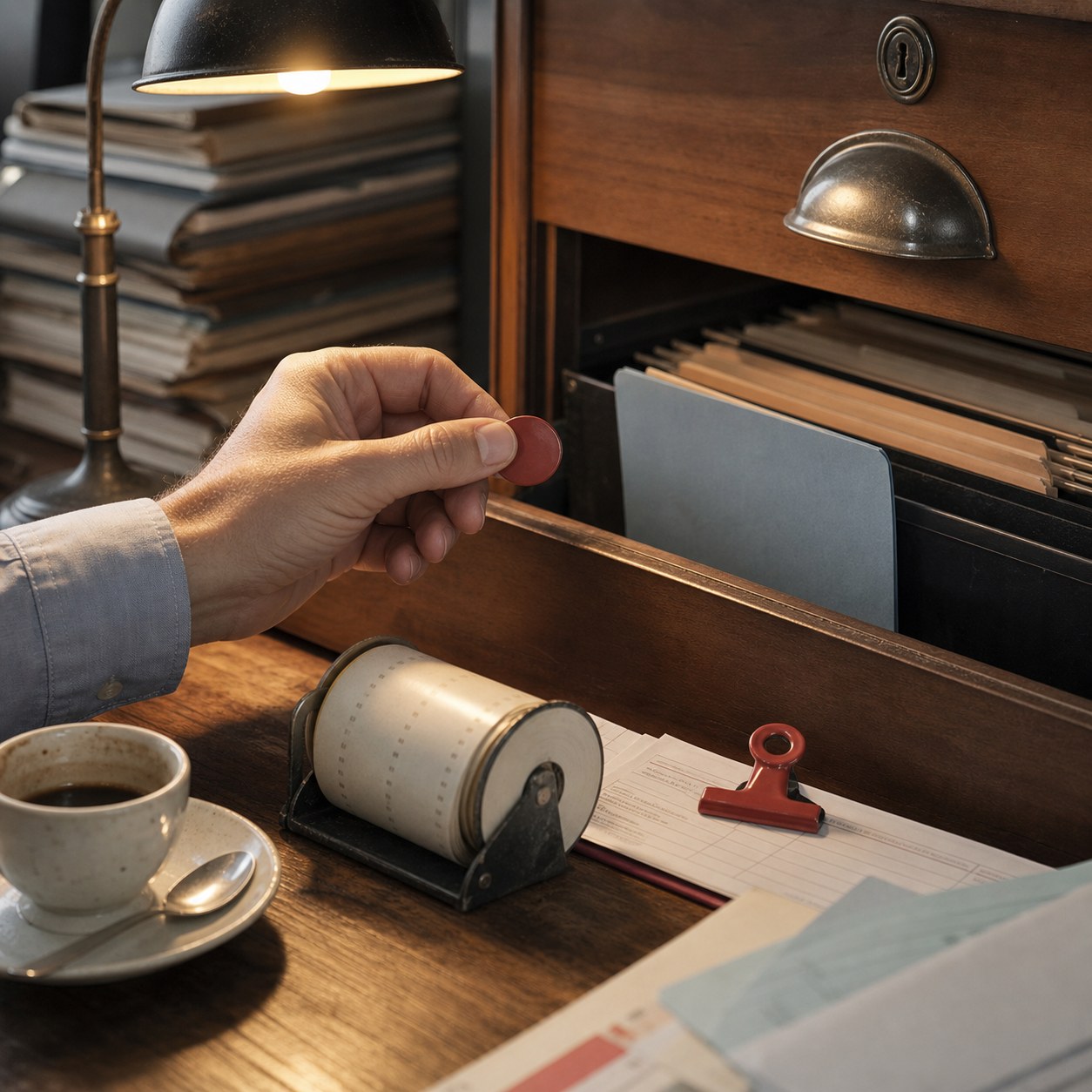 A manager’s hand holds a red access token beside an open filing drawer with one blue folder accessible, an audit roll and red correction clip on the desk.