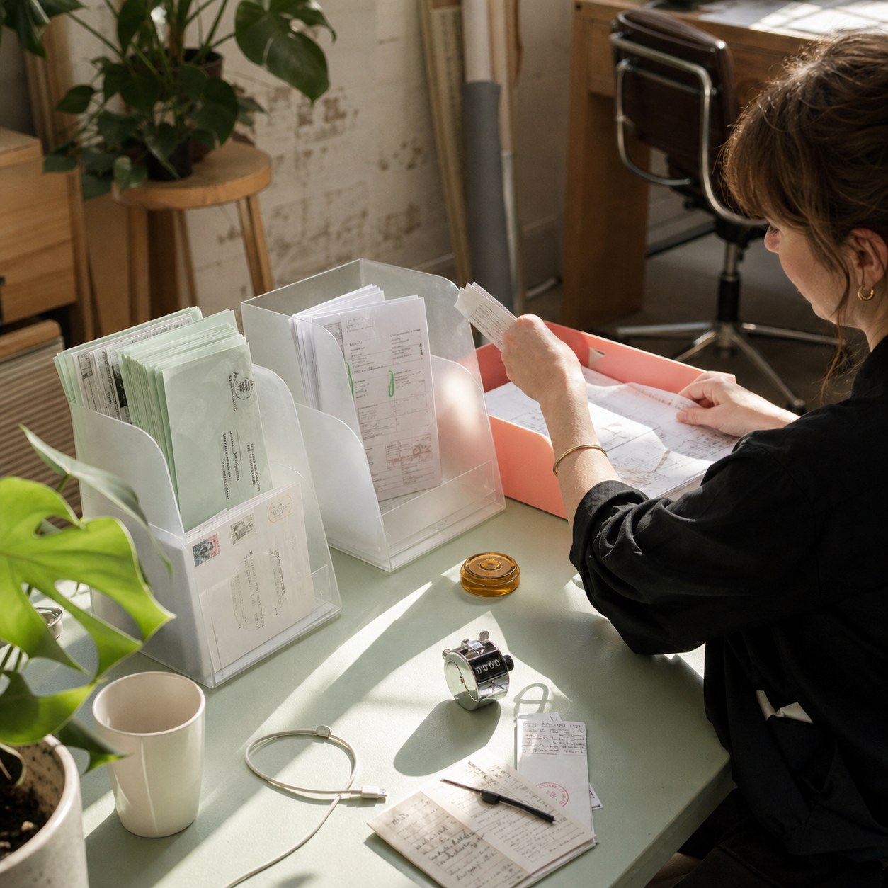 A studio coordinator sorts paperwork through translucent desk slots beside a coral exception tray and amber approval token.
