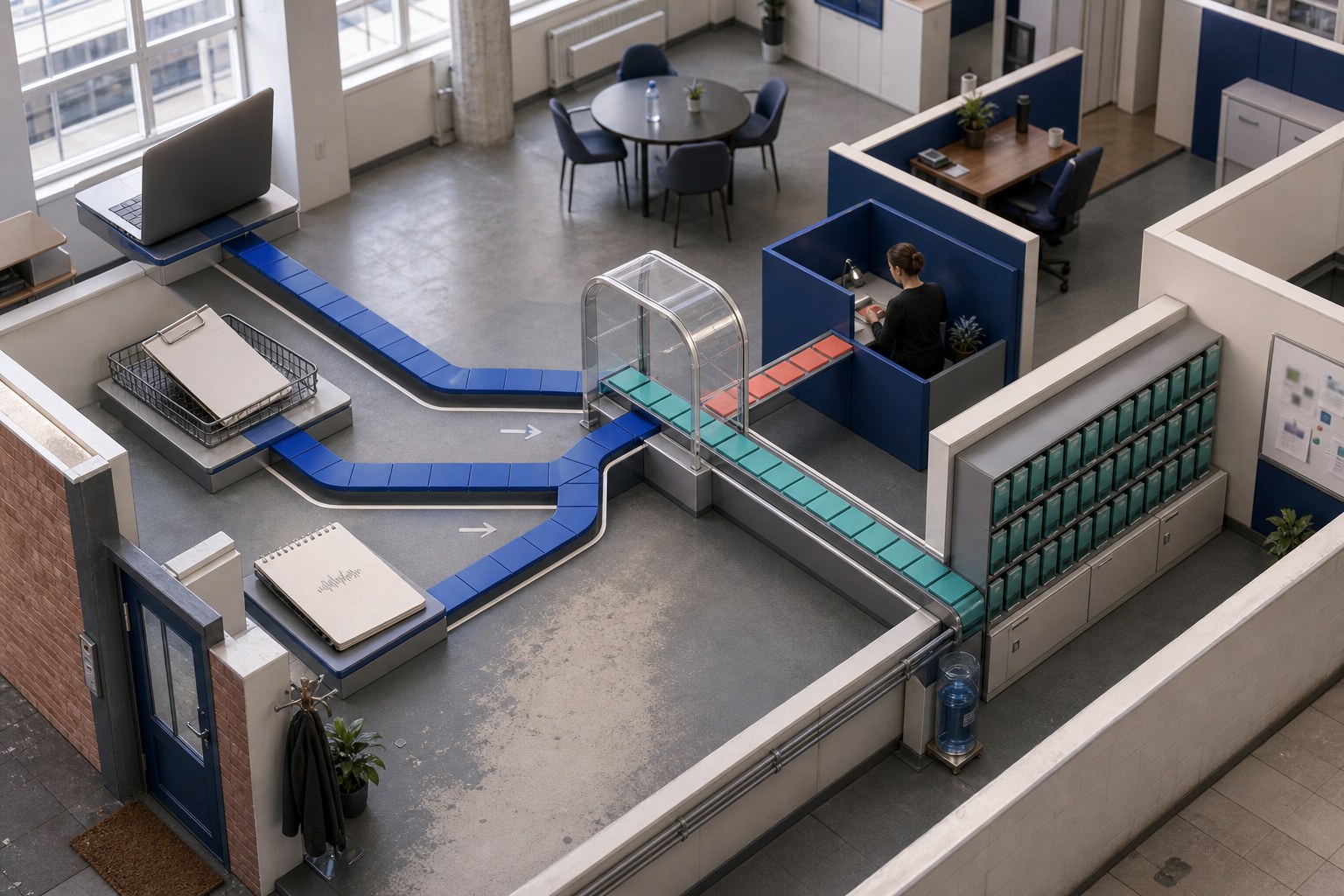 AI CRM automation is shown as a cutaway UK office where a closed laptop, form tray and notebook feed colour-coded belts through a clear validation gate.
