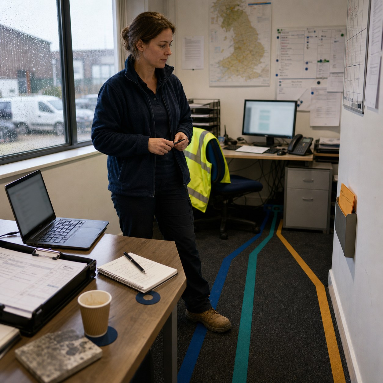 An operations coordinator stands beside three intake points in a compact office, with coloured routes converging towards a CRM station.
