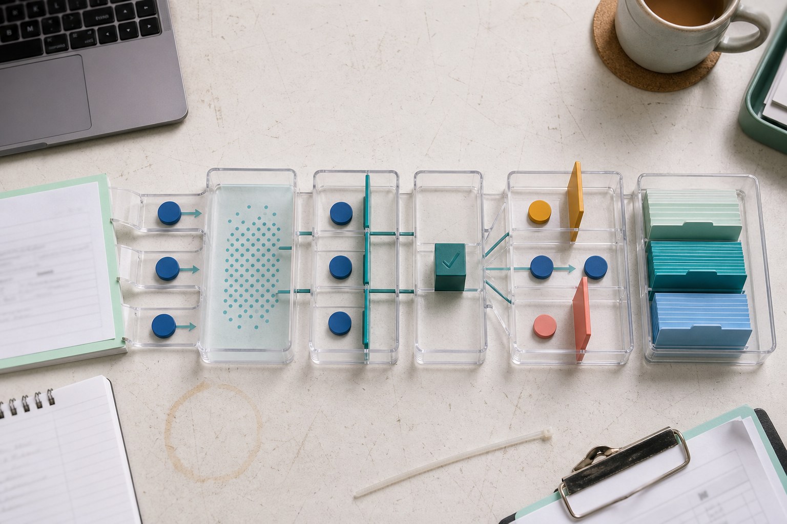 A top down view shows six acrylic workflow stations routing customer signals through teal checks towards organised CRM record cards.