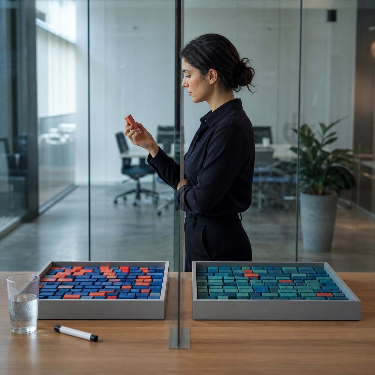 A reviewer stands between two trays of record tiles, with the cleaner tray containing visibly fewer coral exceptions.
