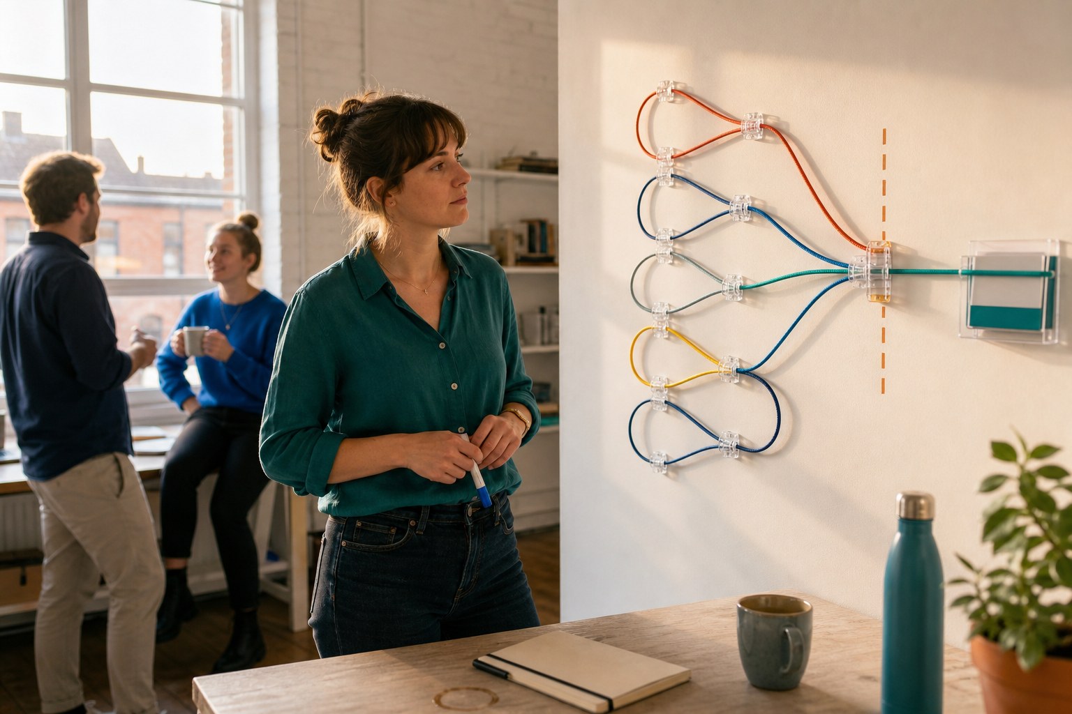 An operations lead highlights one teal route on a wall process map while colleagues work in a sunlit London studio.