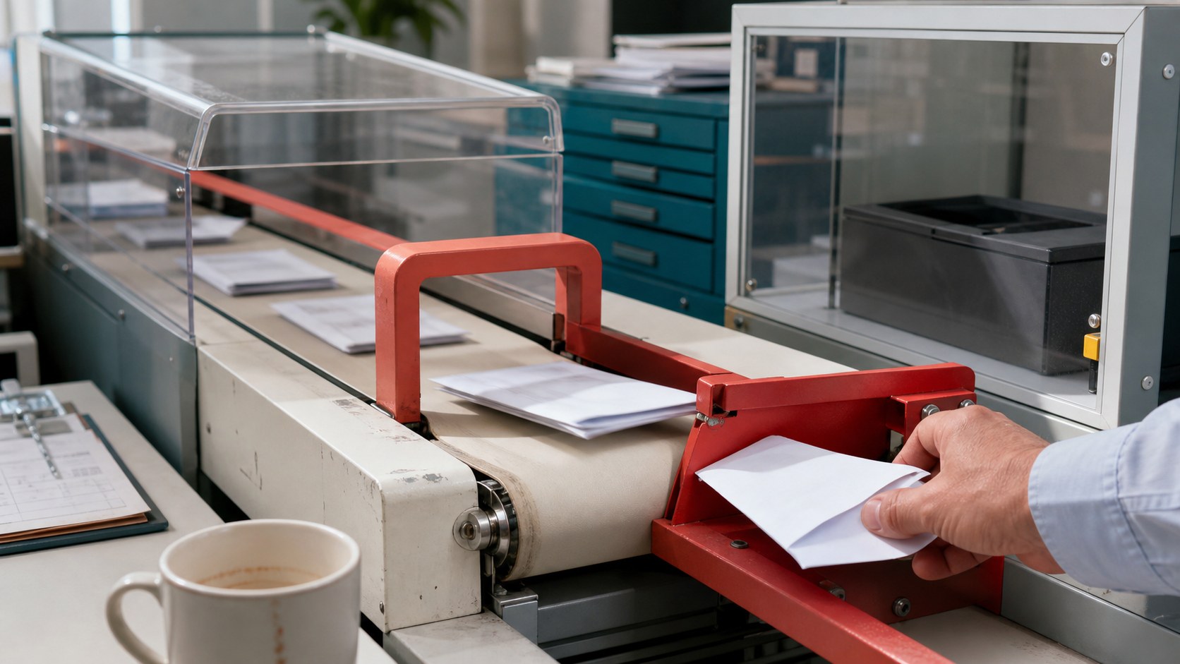 A finance manager's hand diverts one white envelope through a red gate before a charcoal payment box