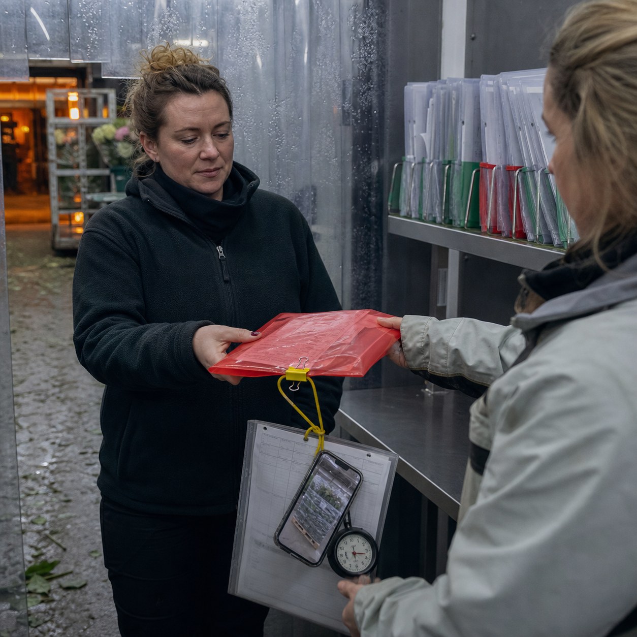 An operations coordinator receives a red exception folder linked to delivery evidence in a chilled florist corridor