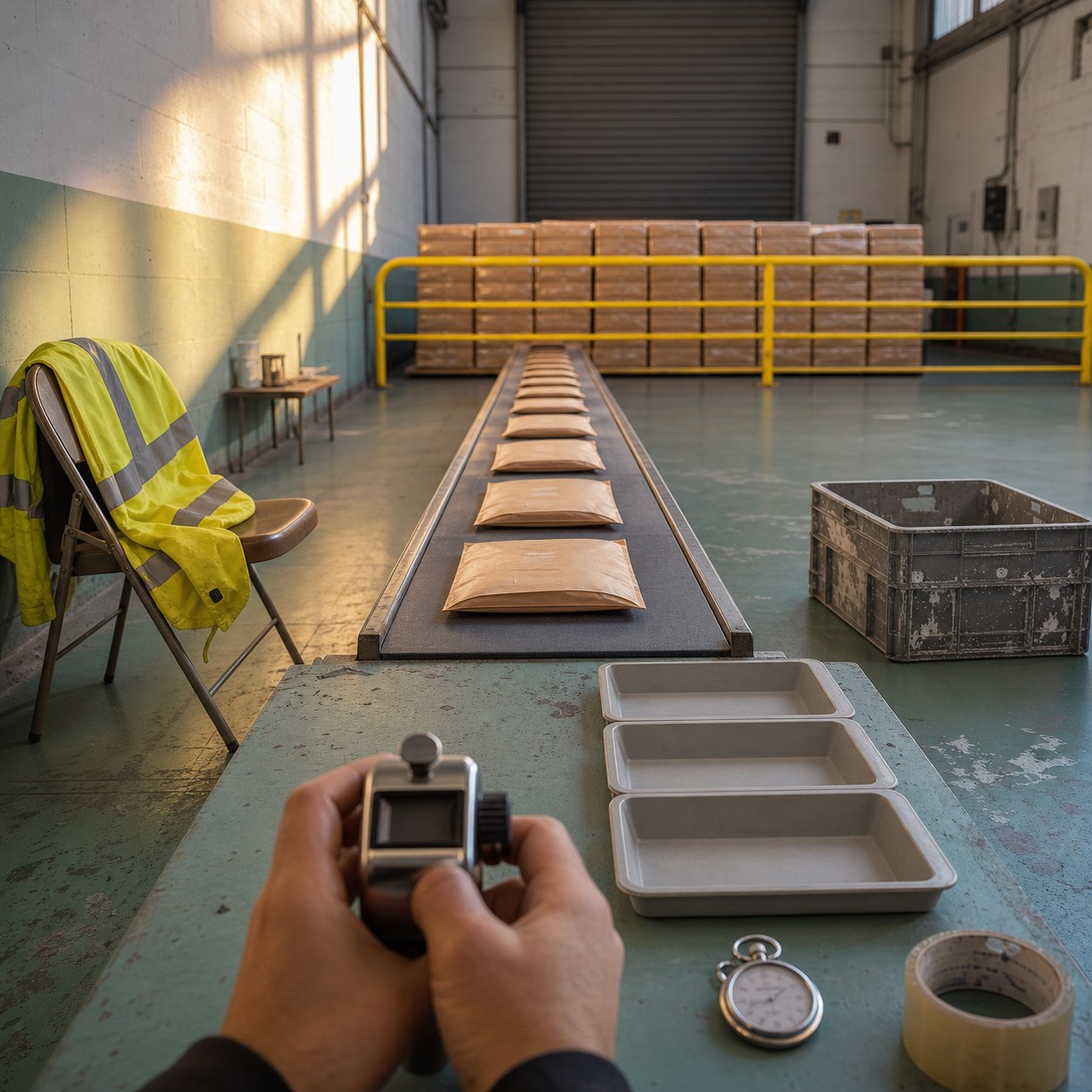 A single lane of invoice packets is measured towards a closed roller gate behind a yellow barrier