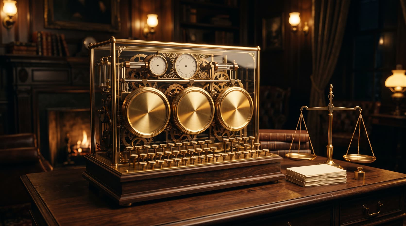 Brass price-computing engine with blank dials weighing workflow cards on a balance scale, illustrating AI workflow automation cost UK