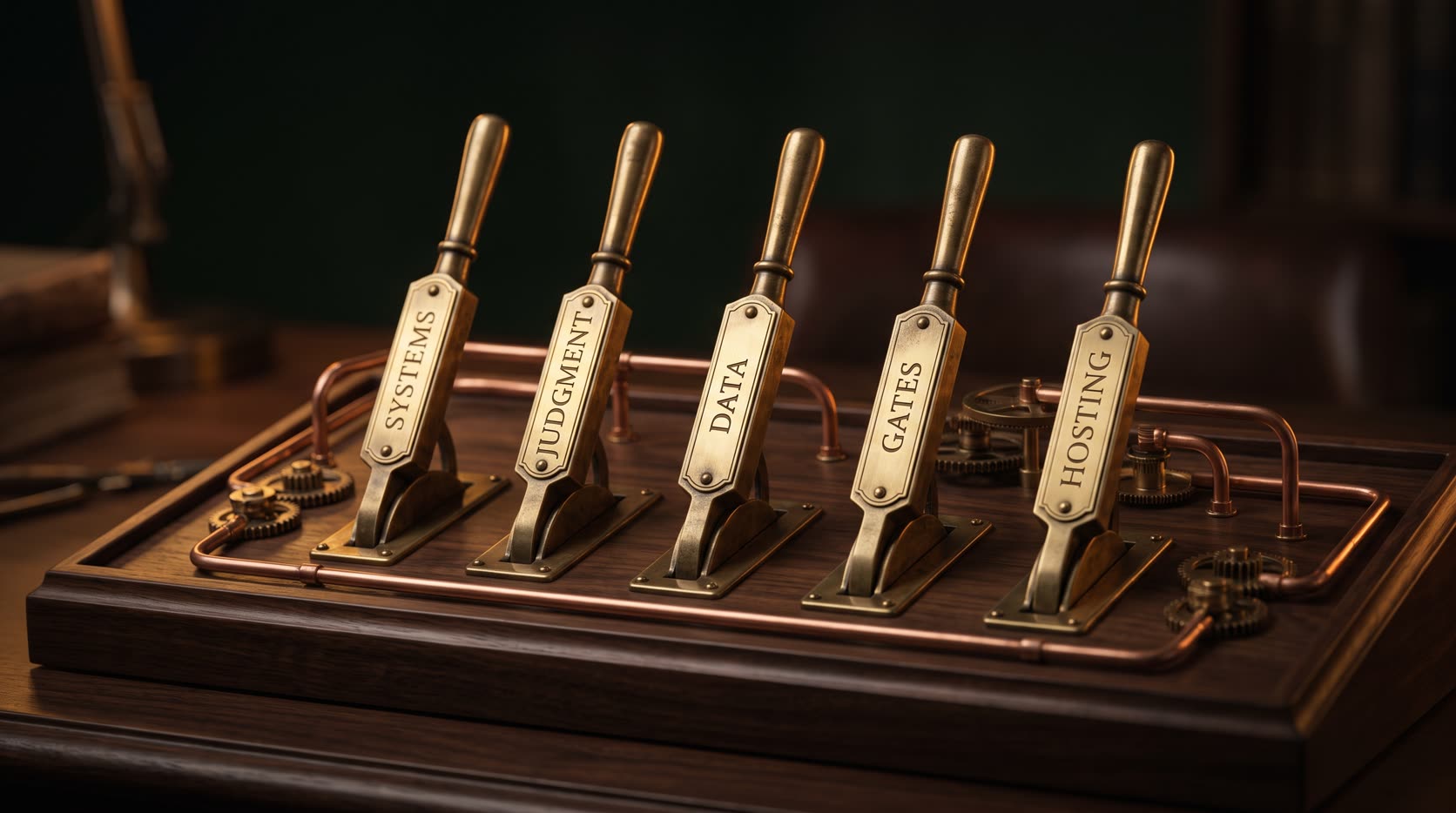 Five brass multiplier levers tagged systems, judgment, data, gates and hosting driving AI workflow automation cost UK
