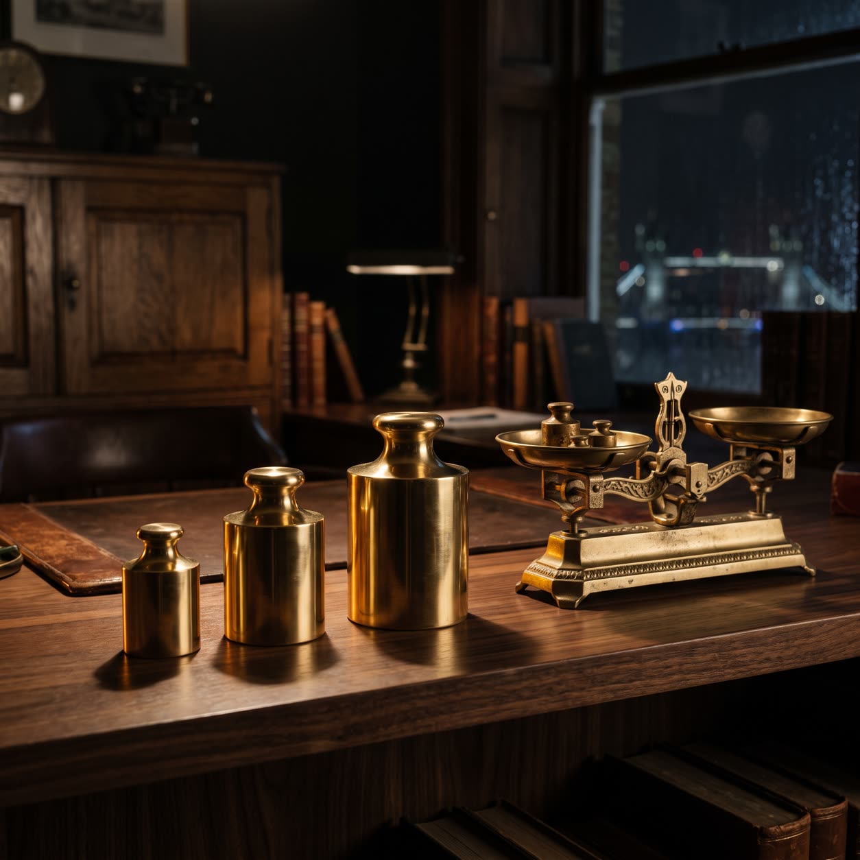 Three brass counterweights of increasing size beside a balance scale, standing for the three stages of an AI automation engagement