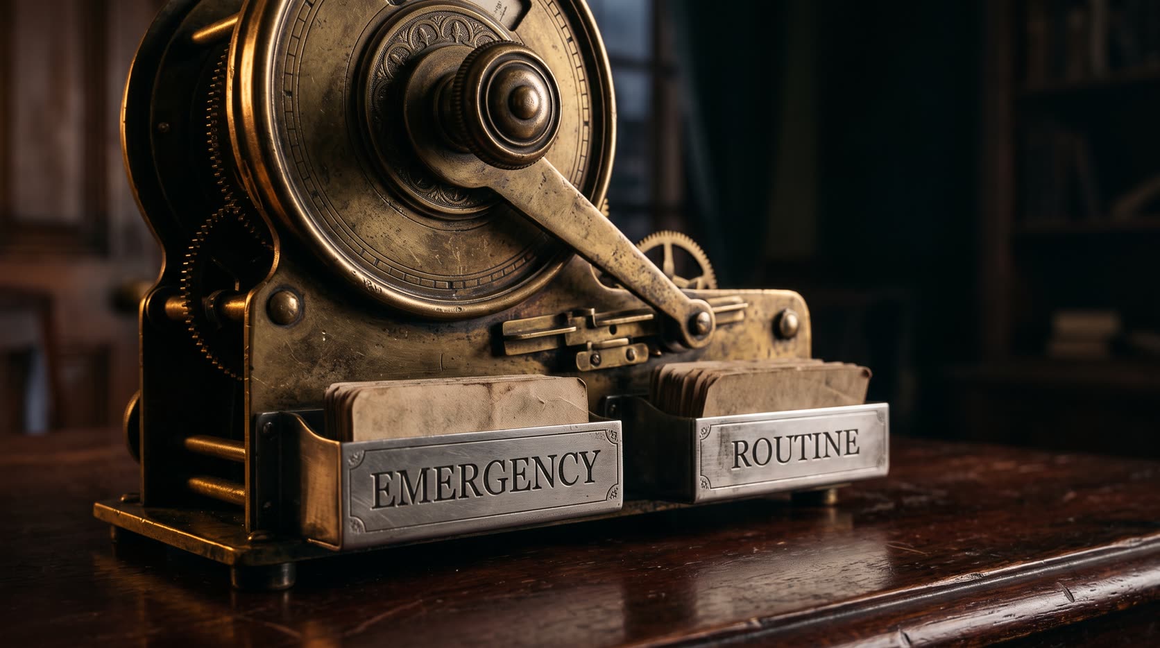 AI maintenance triage property management urgency dial sorting repair ticket cards into emergency and routine trays