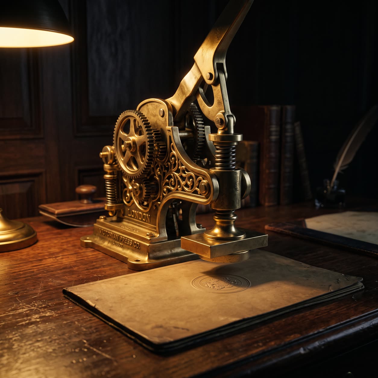 AI maintenance triage property management completion evidence stamp closing a works order folder under warm lamplight