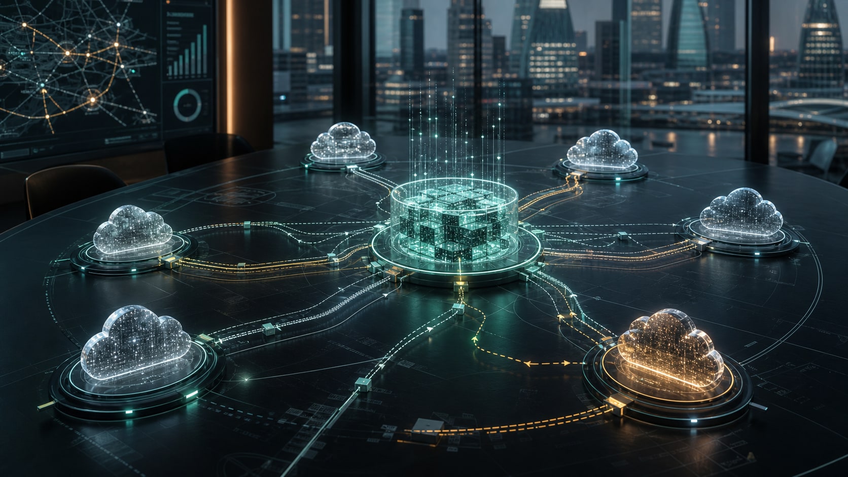 Modern cloud strategy architecture showing multiple providers feeding a central AI workload hub
