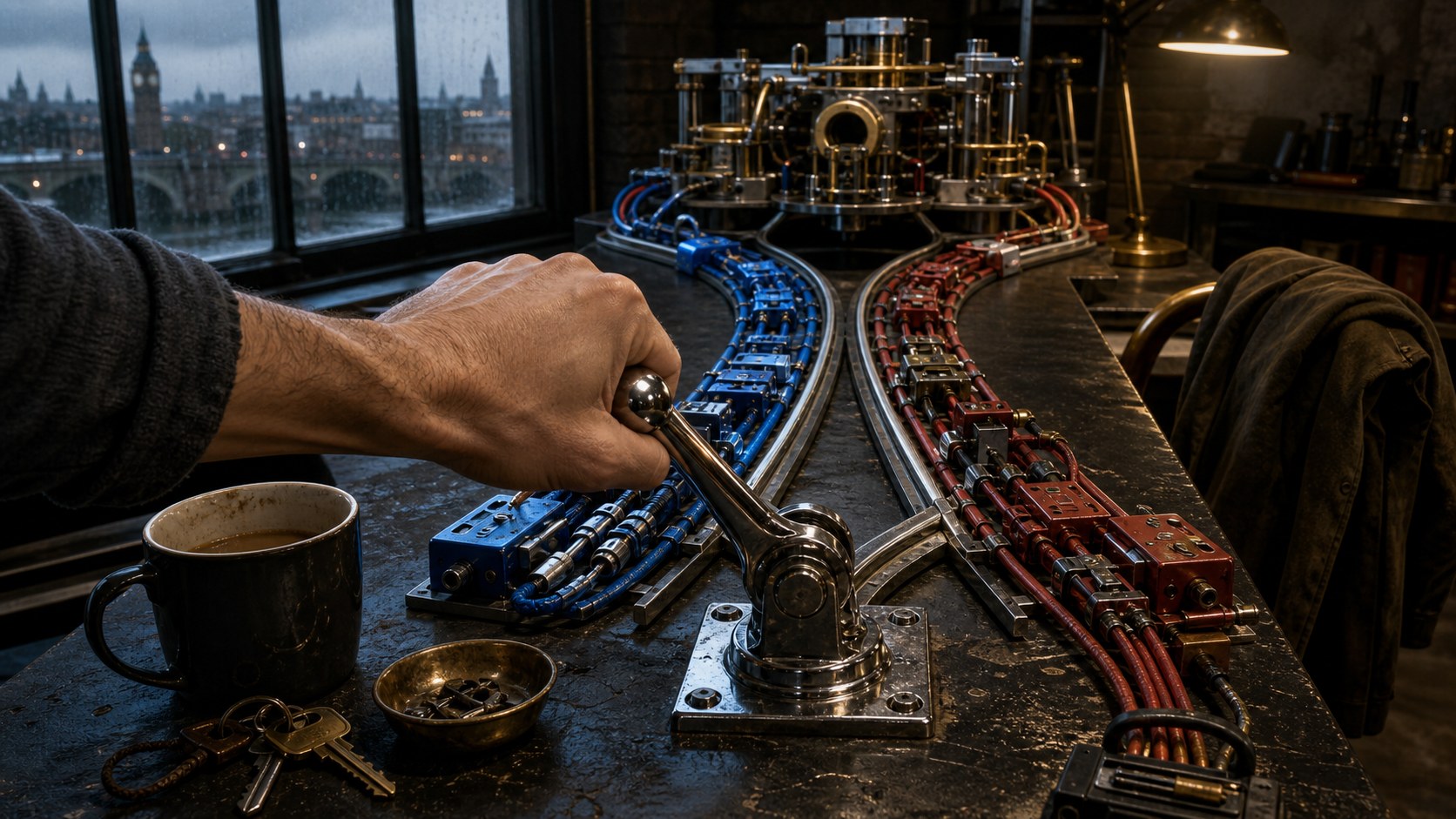 Fable 5 vs GPT-5.6 Sol shown as a hand routing cobalt and red mechanical tracks on a London workbench