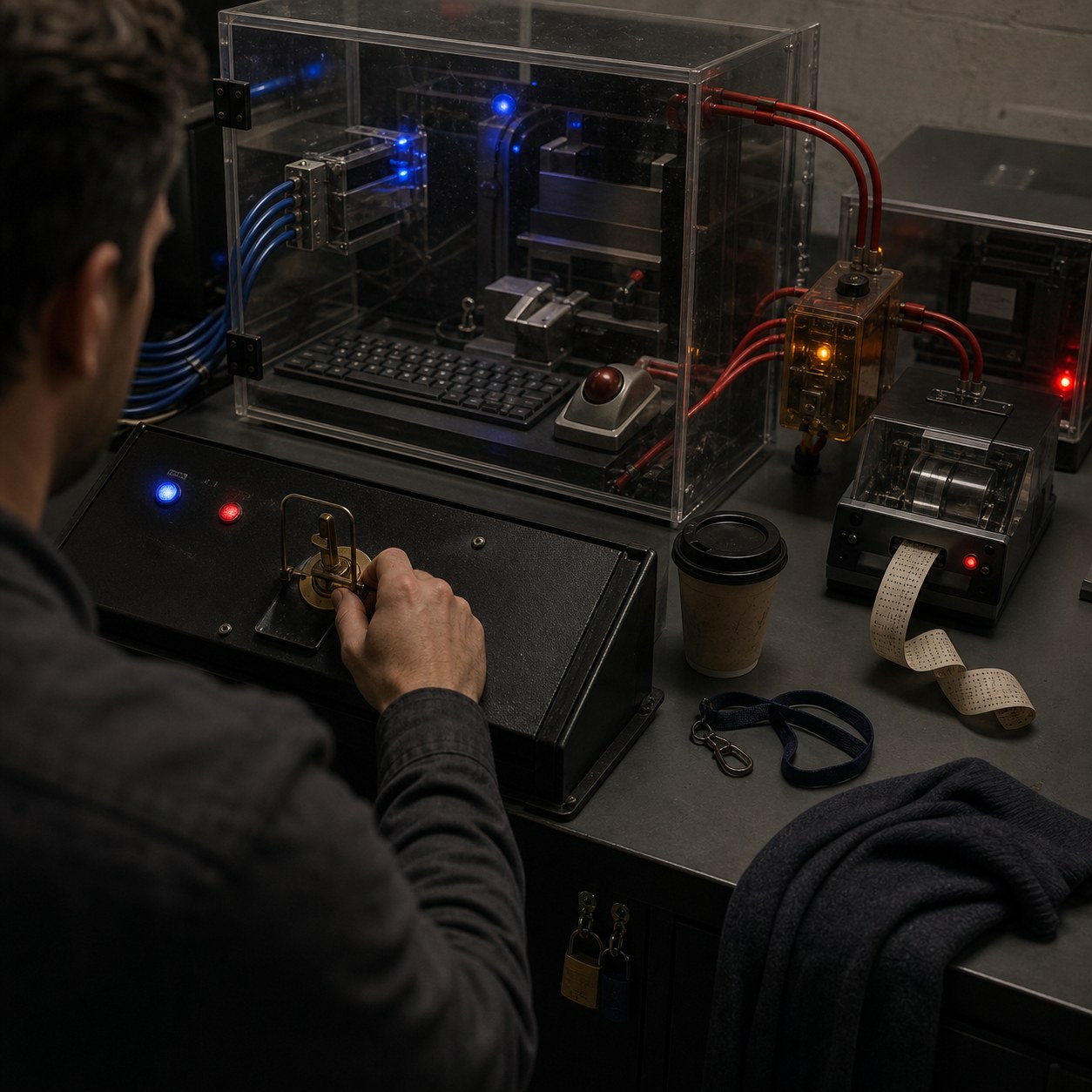 A developer's hands work between rival glowing code terminals in a dark control room
