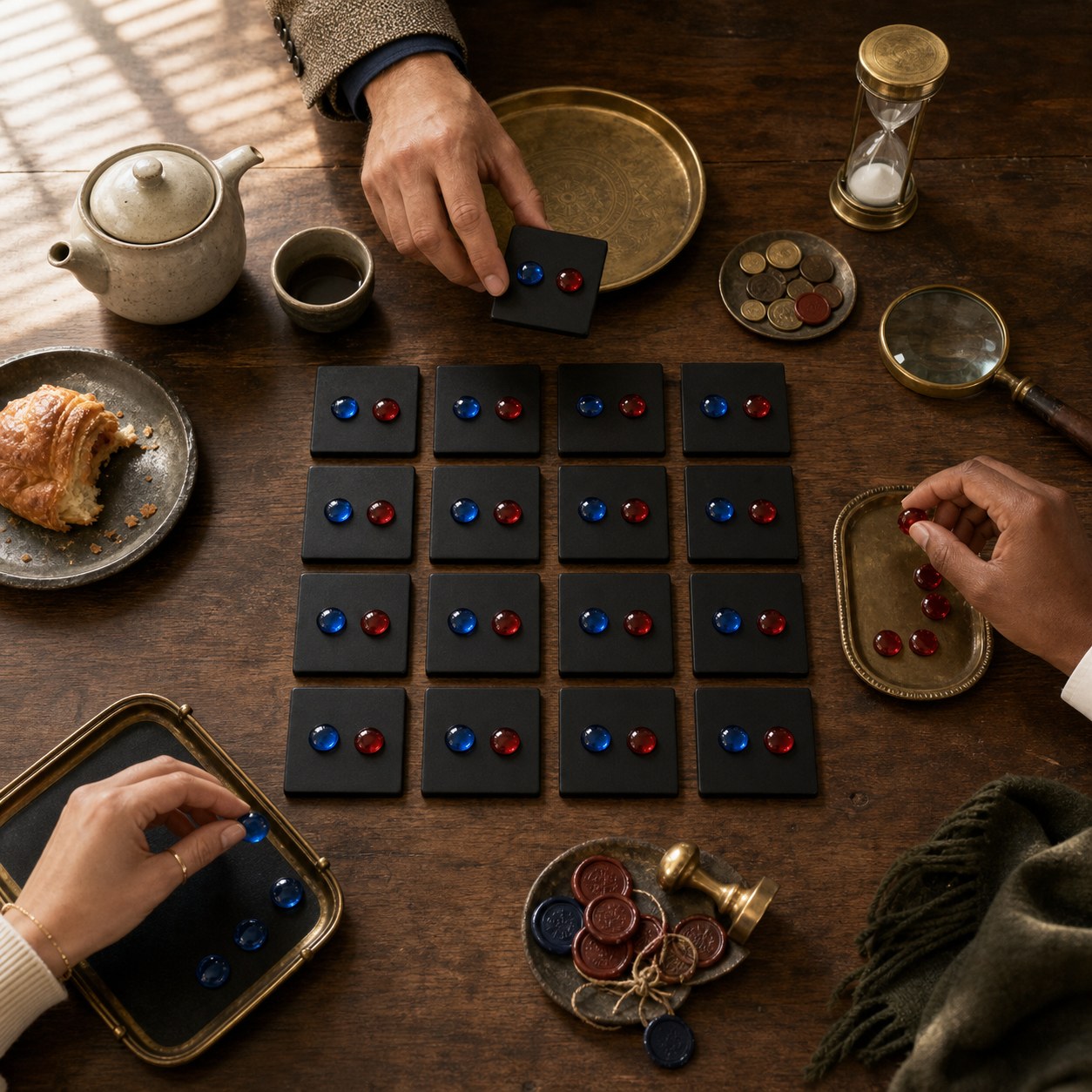 Three teammates move cobalt and red counters around a black-tile pilot grid on a warm communal table