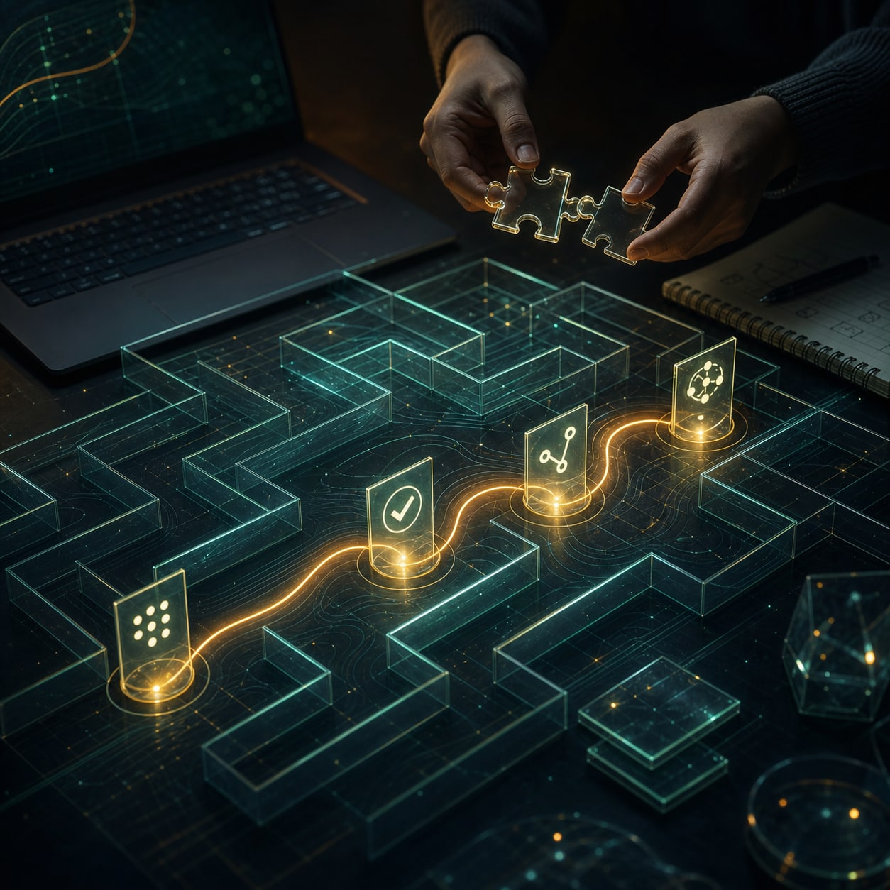 future of AI models represented by layered reasoning paths and practical tasks