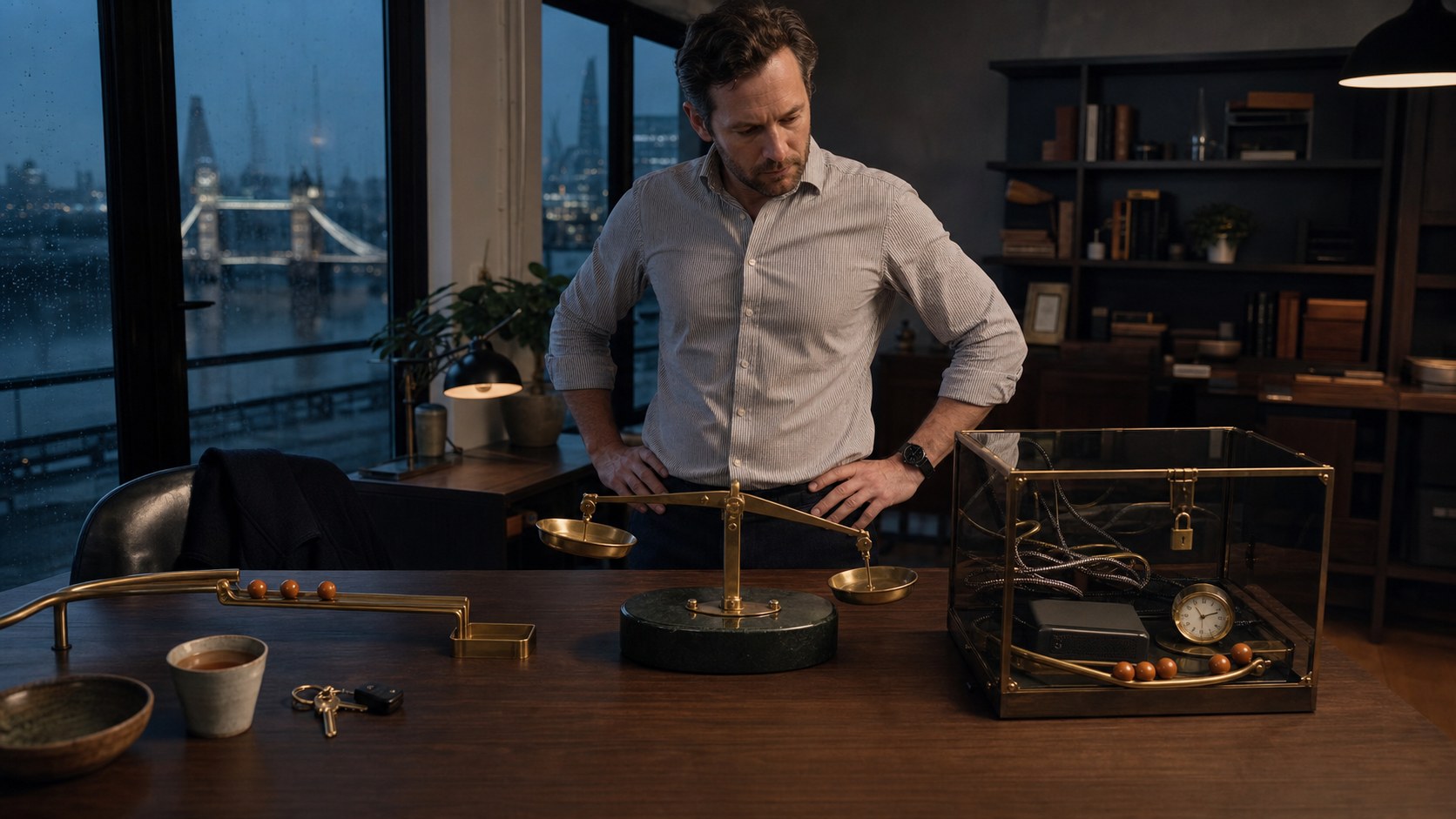 A founder studies two token routes on a balanced operations table beside a lockable cable enclosure in a London office.