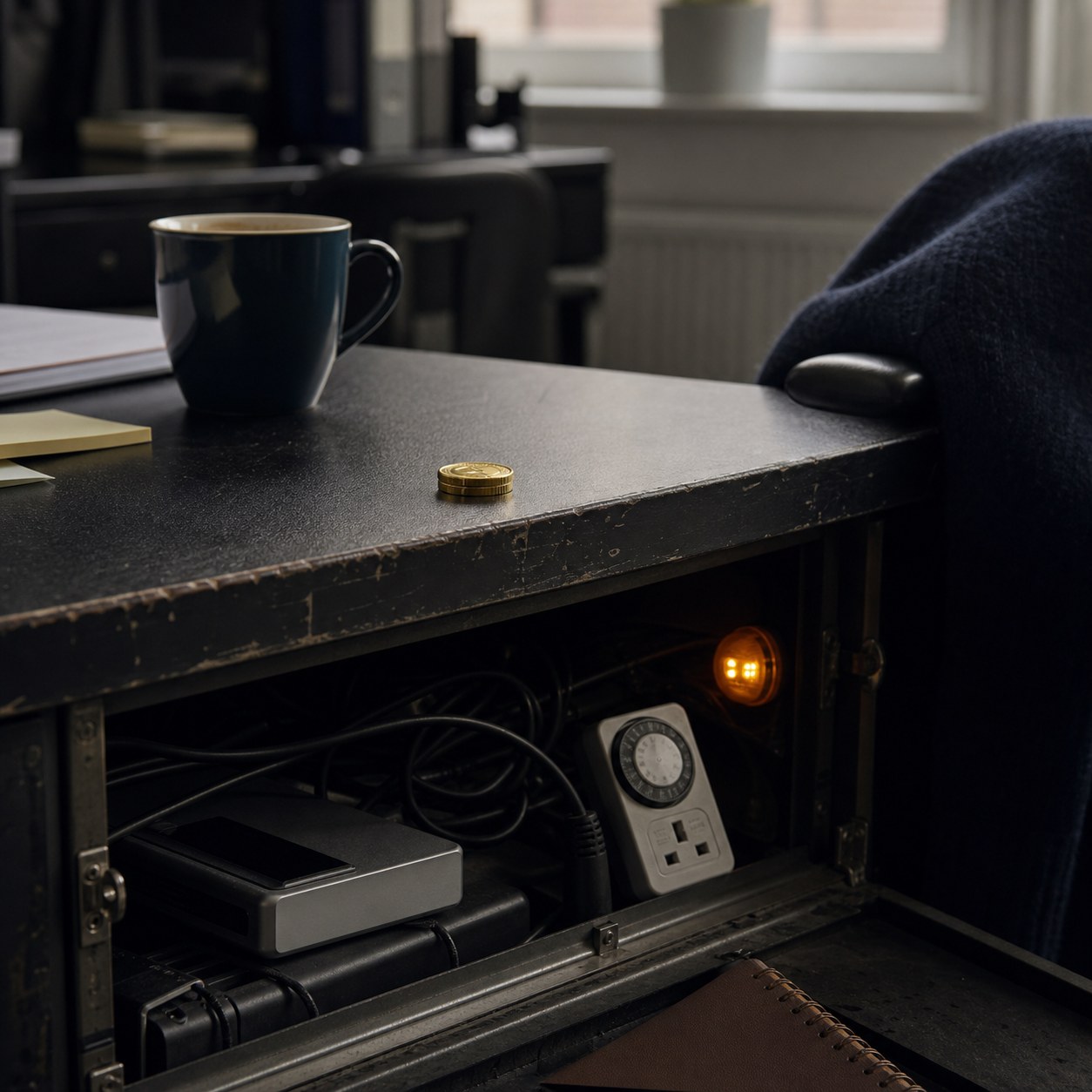 A small gold token on a scuffed dark desk above cables, a backup drive, plug timer and amber light inside an open hatch.