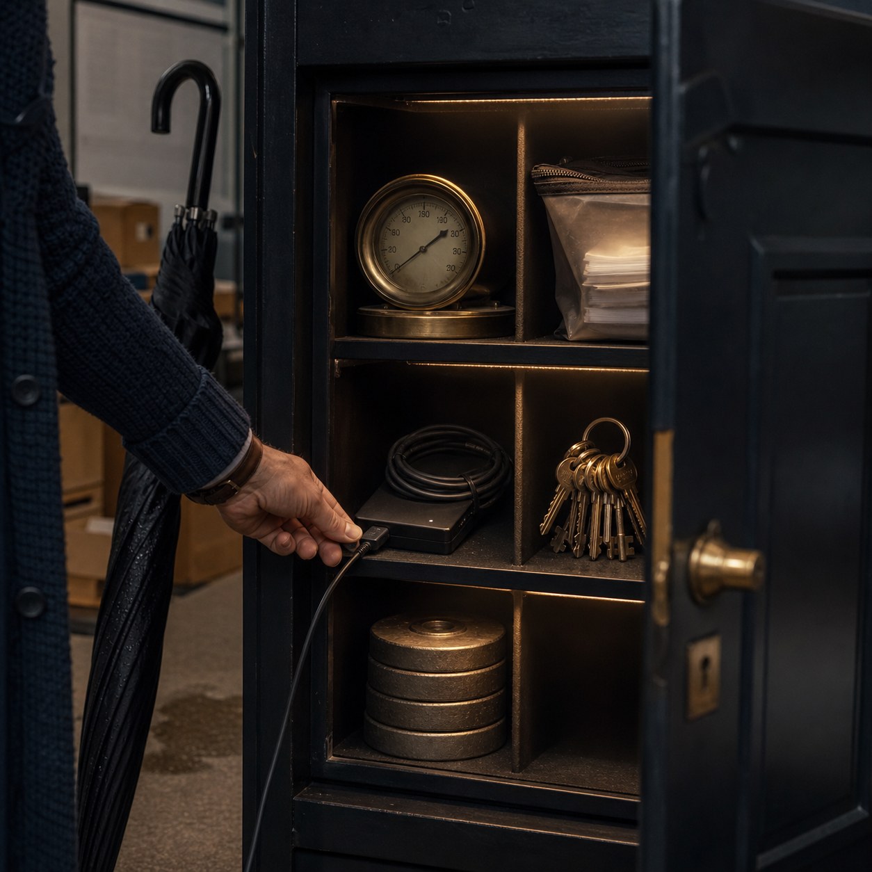 A cardigan-sleeved hand connects a recovery drive inside a dark cabinet beside a dial gauge, pouch, keys and metal discs.
