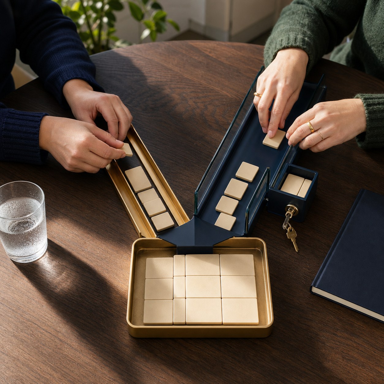 Two colleagues route unmarked tiles through a gold rail and a protected navy-glass channel into a shared gold dispatch tray.