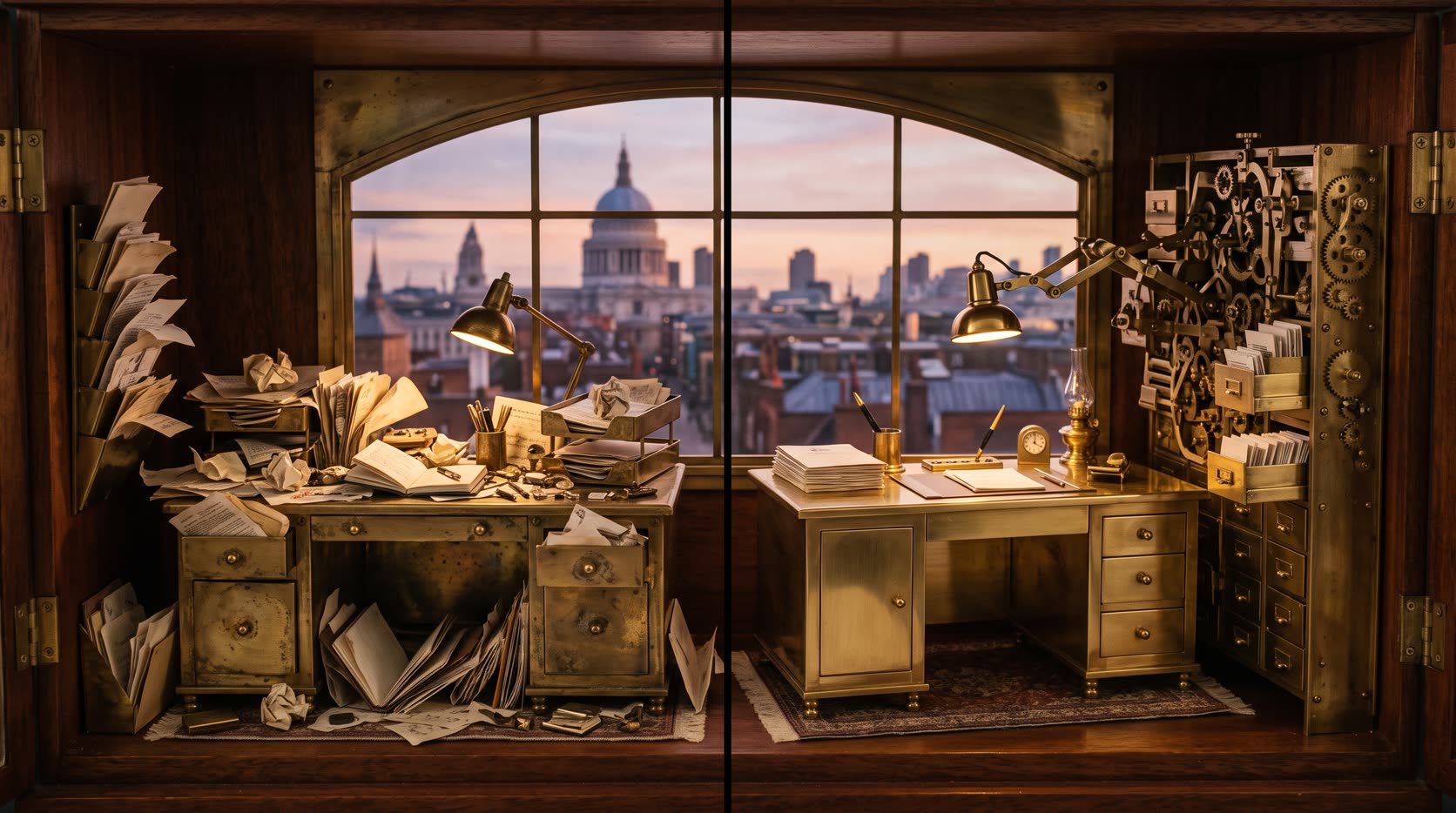 Property management automation example shown as one letting agency desk twice, once buried in paperwork and once tidy with a brass filing mechanism