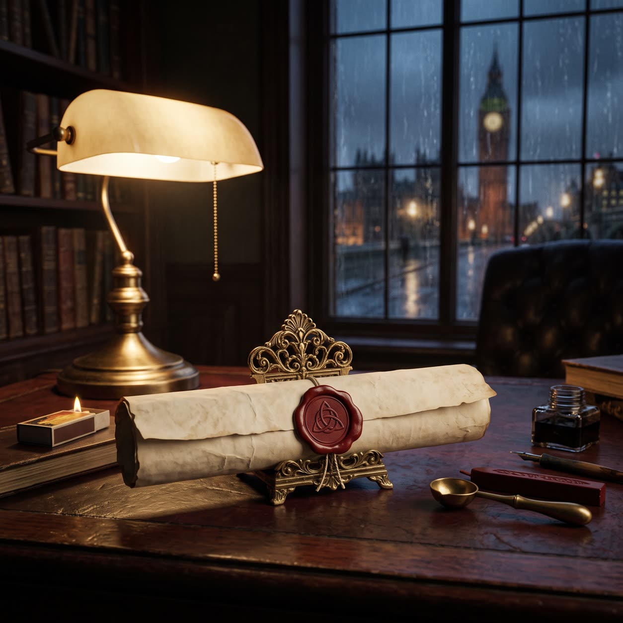 Property management automation example of a brass press printing and sealing a landlord report by lamplight