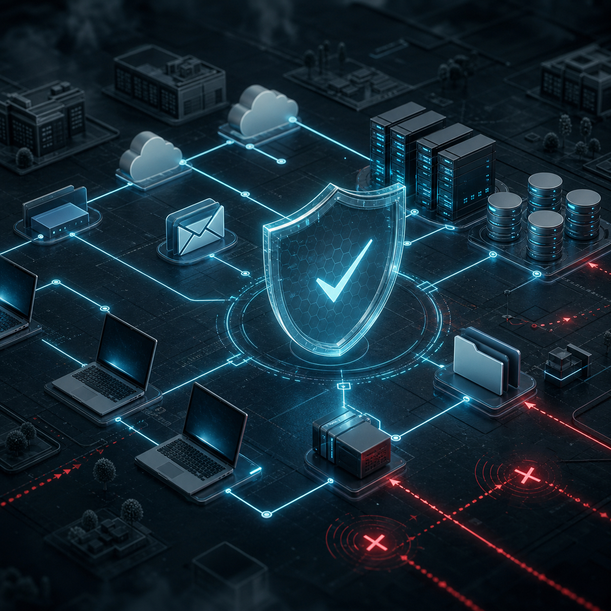 ransomware protection visualised as a shield locking down a UK business network