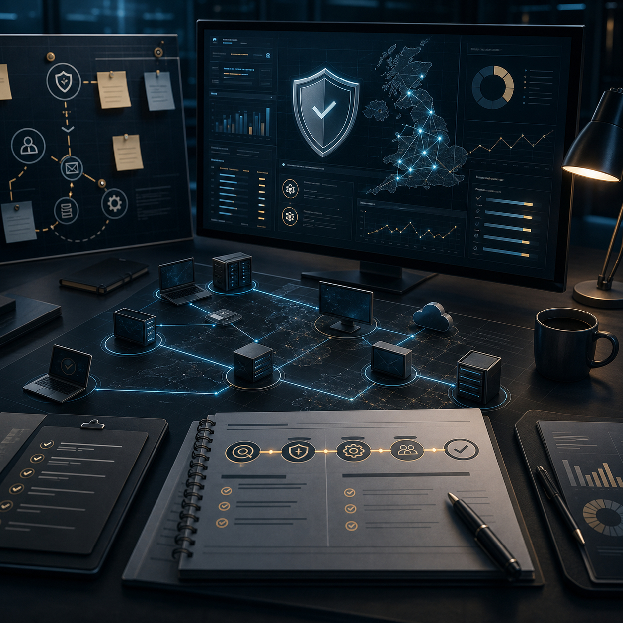 ransomware protection roadmap displayed beside a UK business operations dashboard