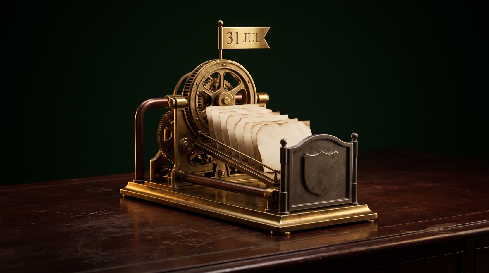 Brass calendar mechanism marking 31 July with old Section 21 notices sliding toward a court-stamp gate, Renters Rights Act compliance deadline for letting agents