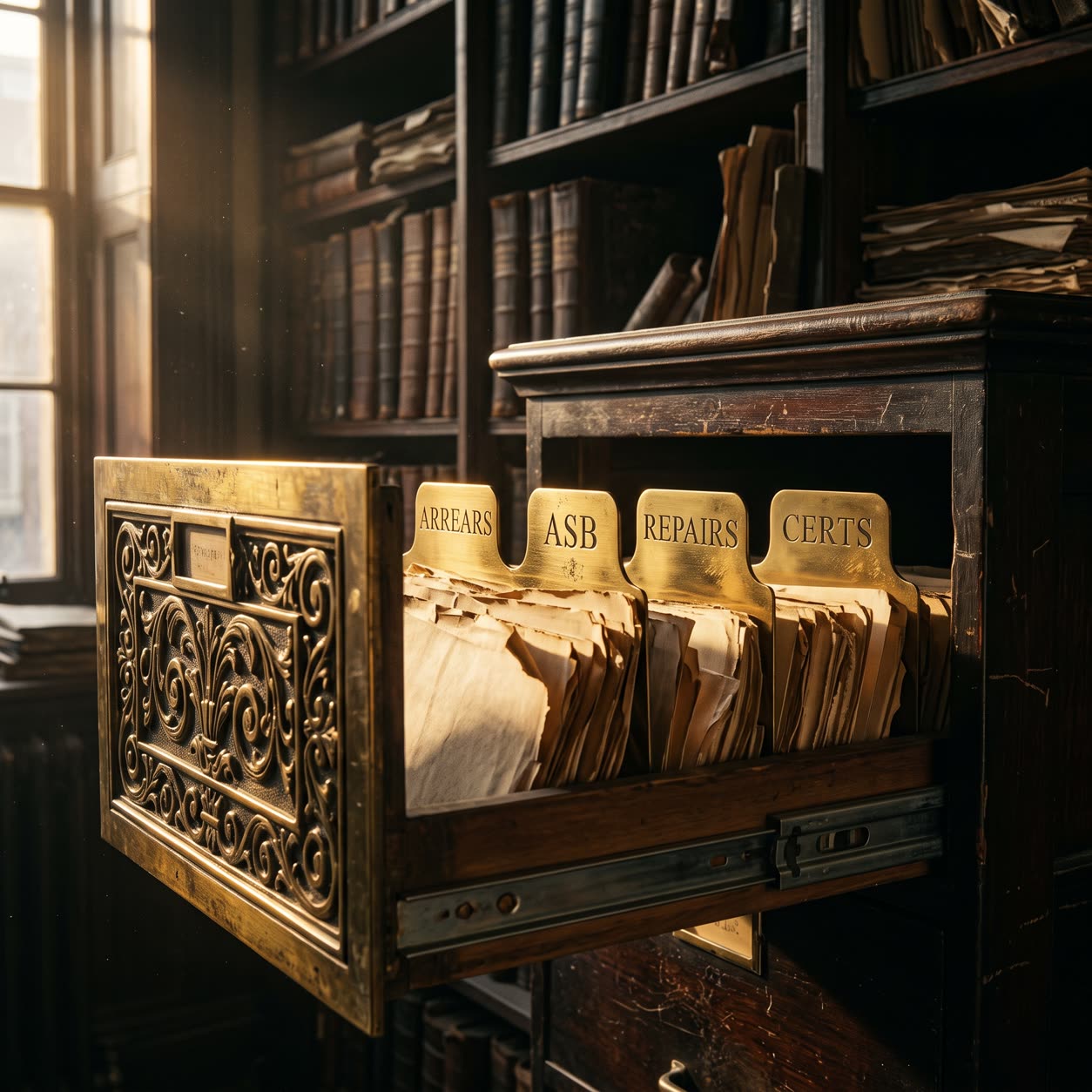 Brass evidence drawer opening itself as tenancy papers self-file under labelled tabs for arrears, ASB, repairs and certificates, Renters Rights Act evidence trail