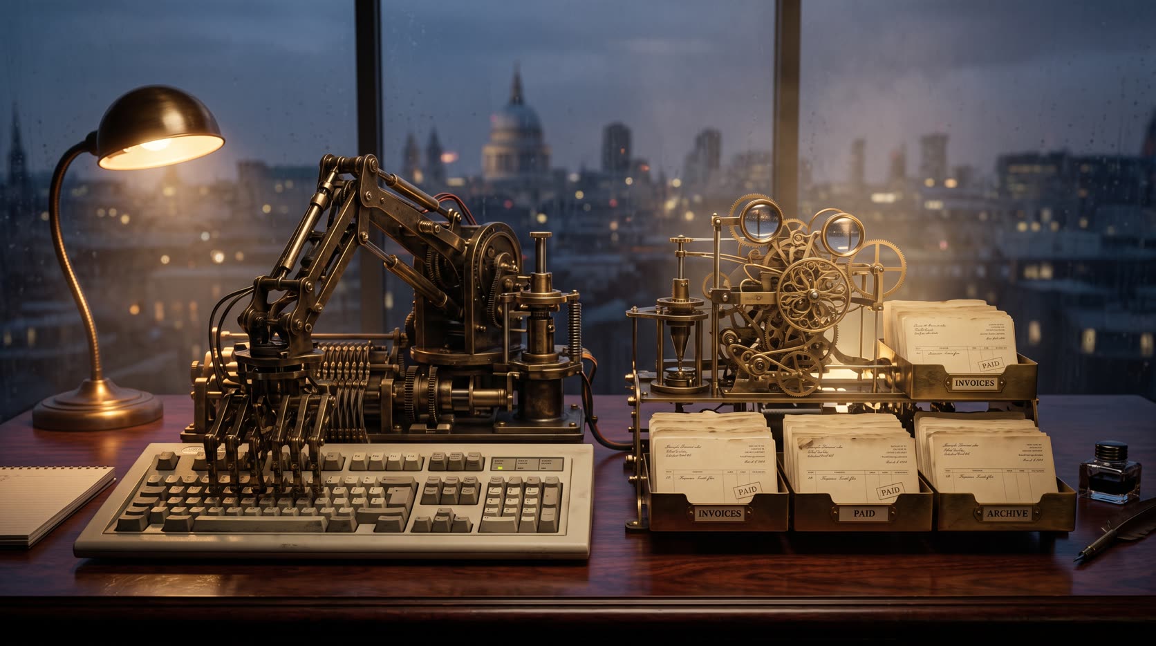 RPA vs AI automation shown as two brass machines processing the same invoice on one dark London desk