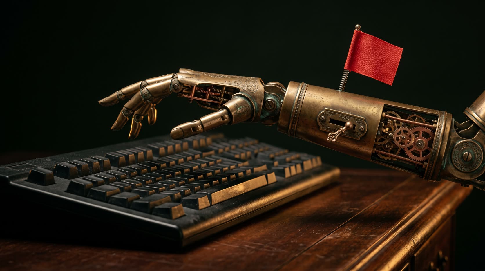 RPA vs AI automation contrast: a brass click-robot halted mid-task by a moved lever with a warning flag raised