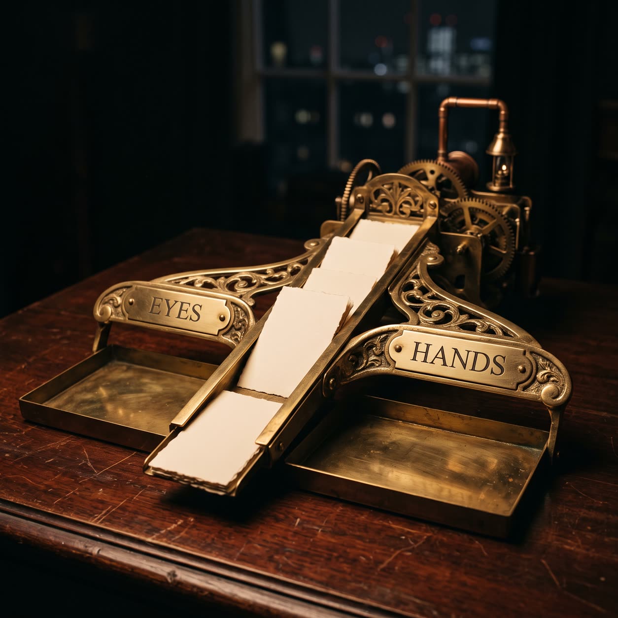 RPA vs AI automation decision fork in brass, stamped EYES and HANDS, routing task cards two ways