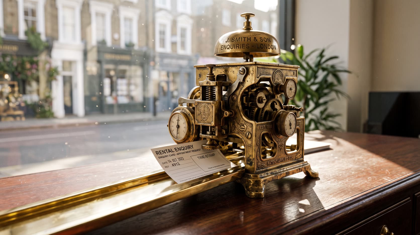 A machine that helps automate rental enquiries for letting agents, stamping incoming enquiry cards with reply-time tickets at a front desk