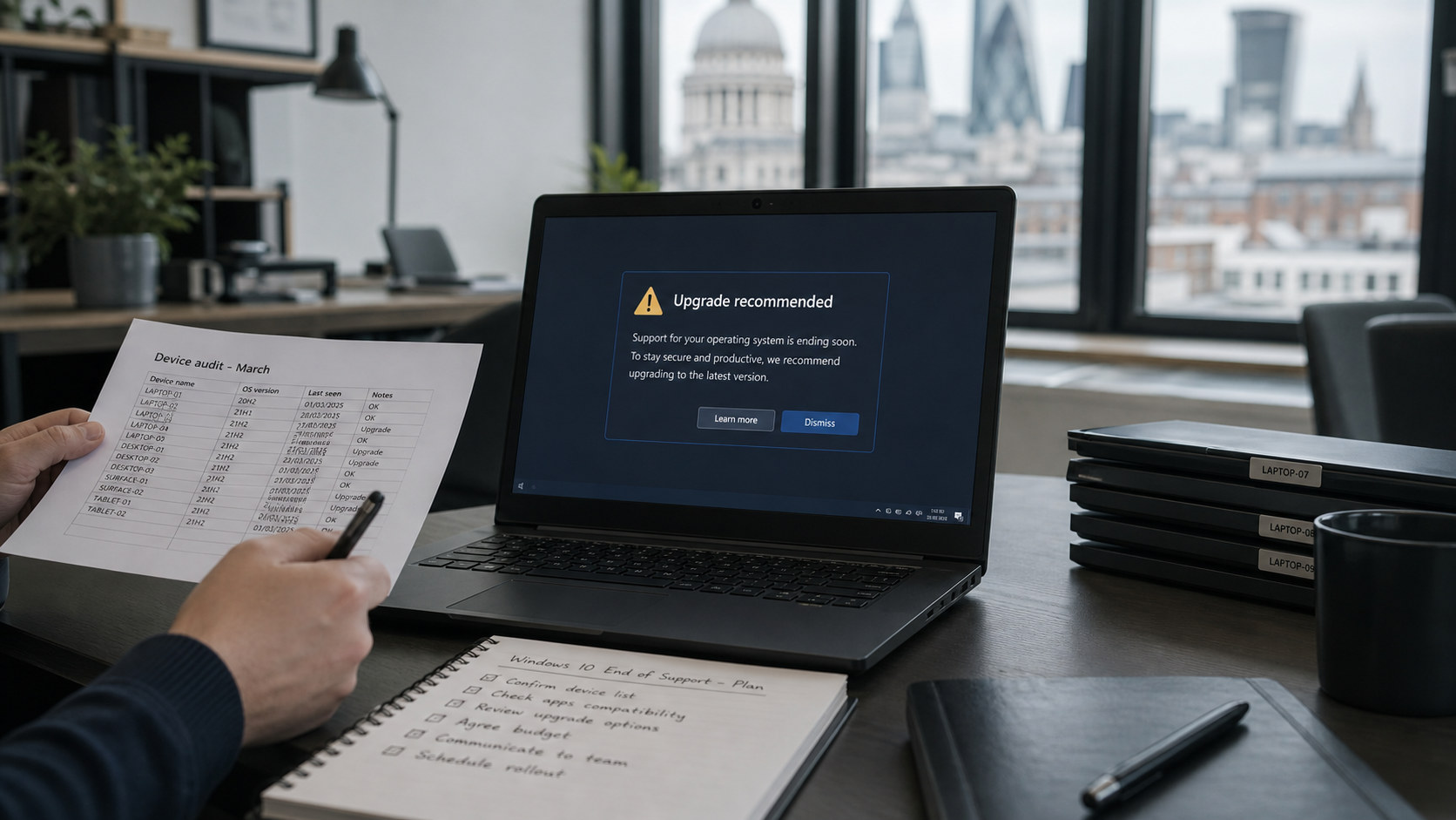 Windows 10 support warning on business laptops during a UK office device audit