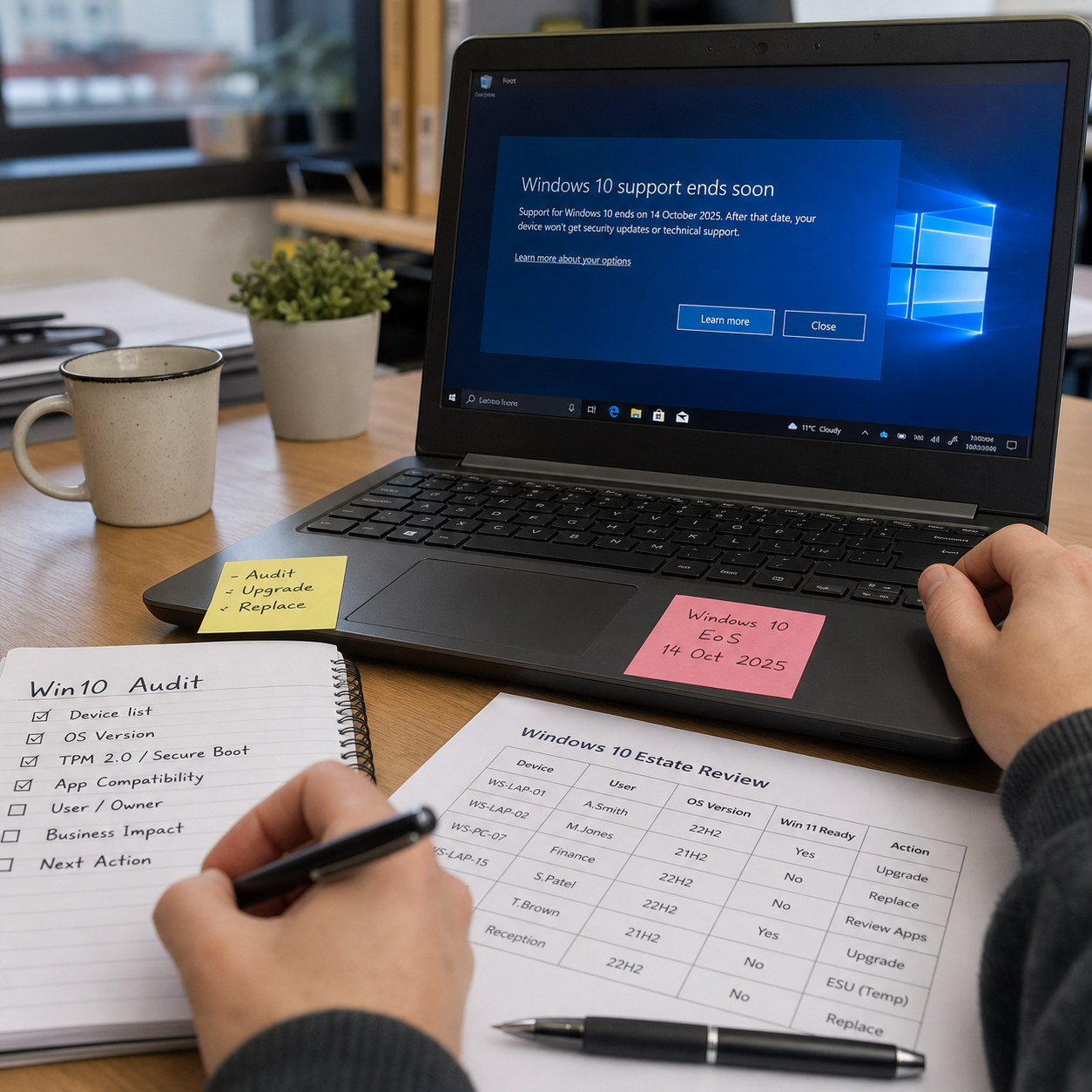Windows 10 support warning shown during a UK office laptop review