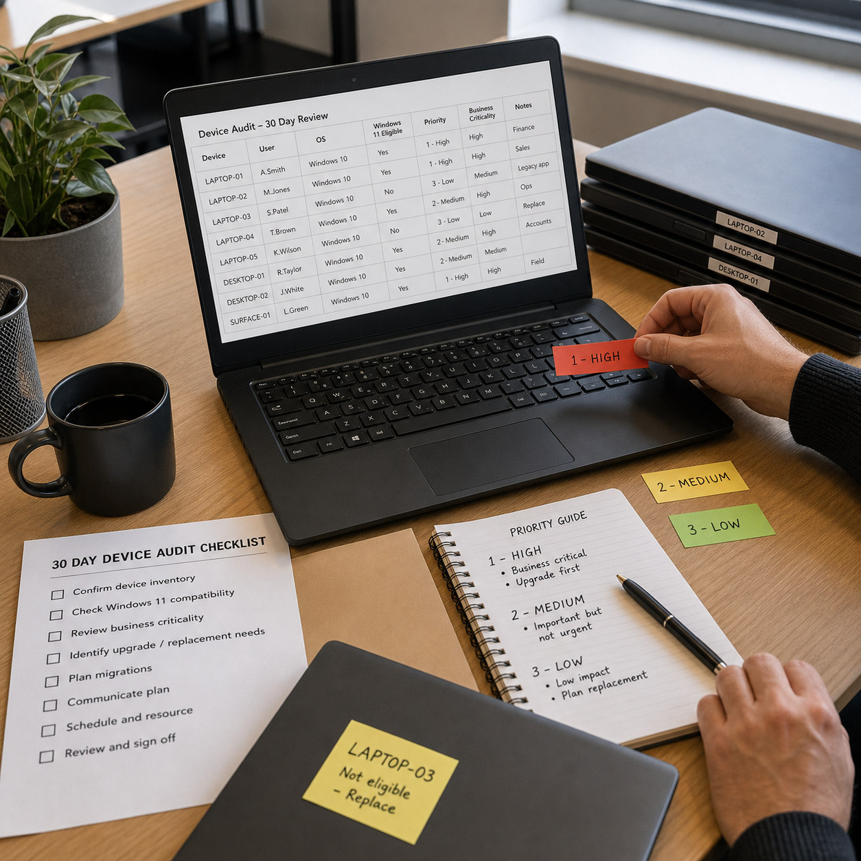 Windows 10 support checklist beside a laptop during a business hardware audit